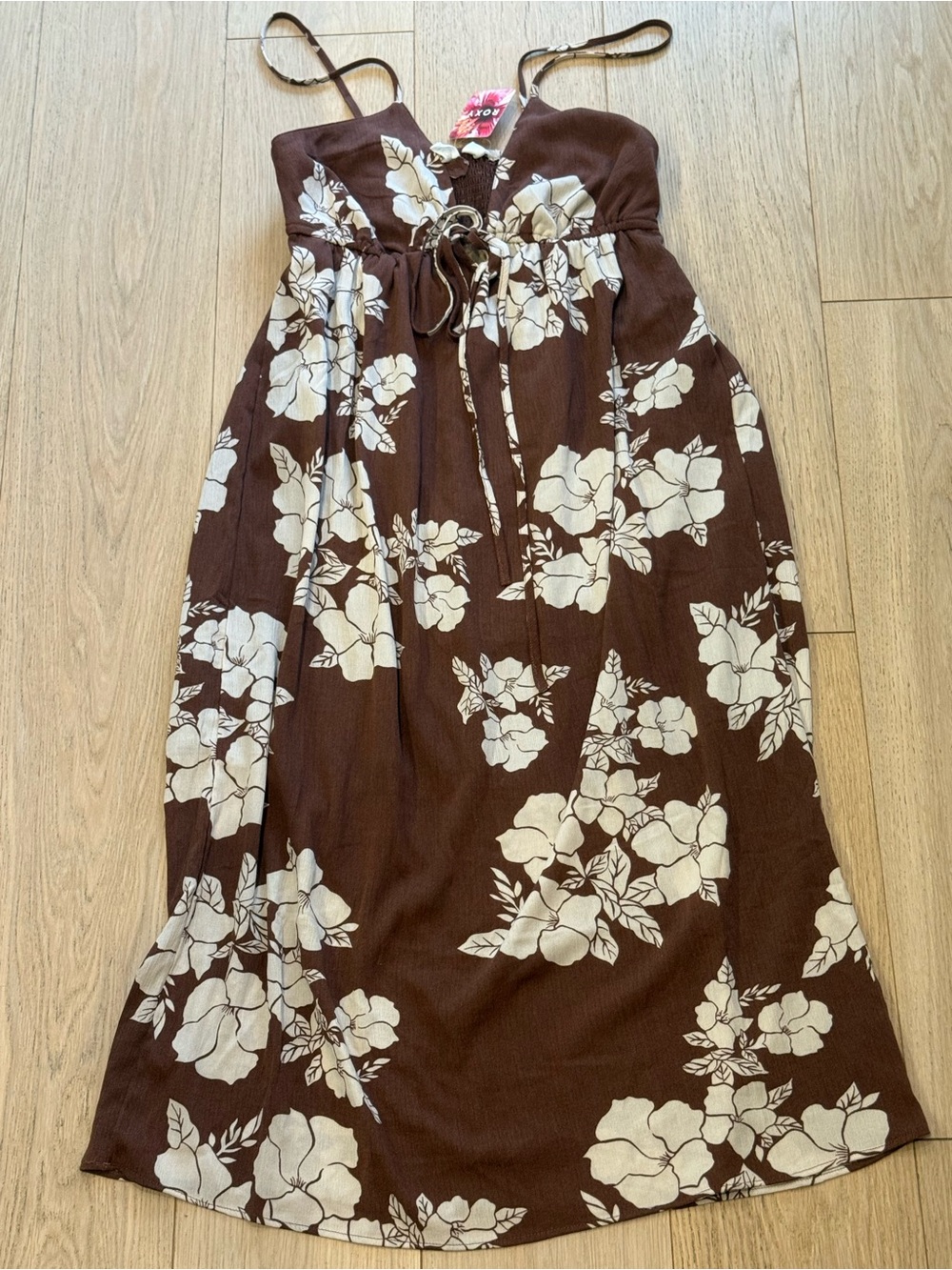 NWT Roxy Brown Floral Cutout Midi Dress Size L Boho Summer Bikini Coverup Vaca